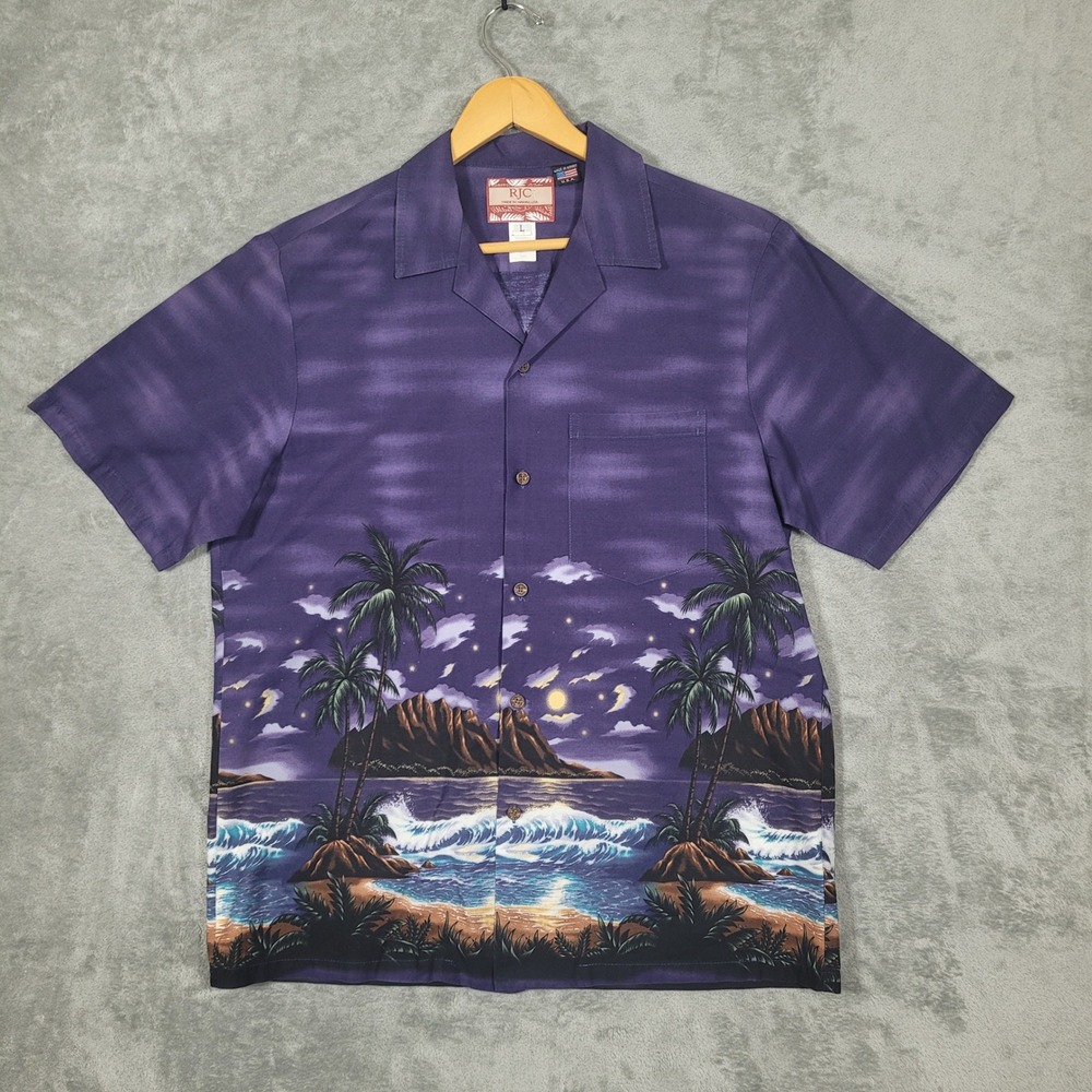 RJC Mens Purple Tropical Beach Night Hawaiian Aloha Shirt Made in USA Size L